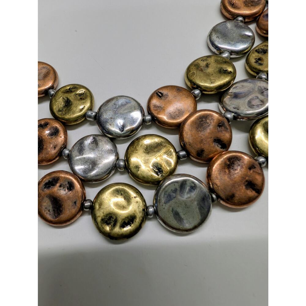 Tri Tone Hammered Disc Statement Necklace Silver Gold Copper Adjustable - Picture 4 of 5